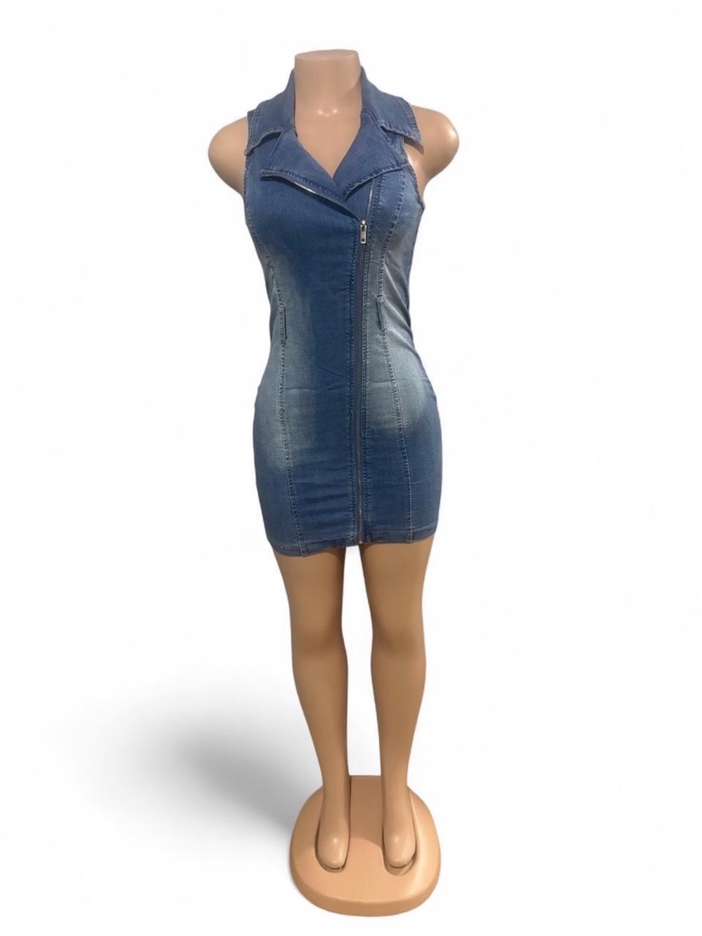 Sleeveless Zip-Front Denim Mini Dress in Blue